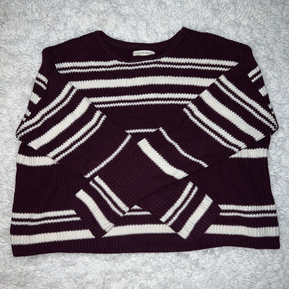 Maroon Striped Knit Cropped Sweater